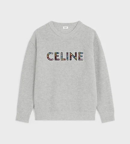 CELINE OVERSIZED EMBROIDERED SWEATER IN RIBBED WOOL LIGHT GREY