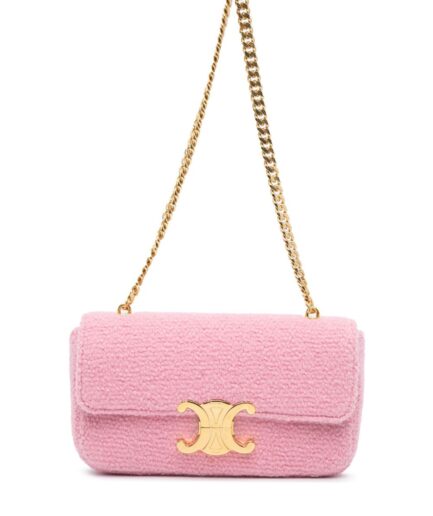 Celine Pink Bouclé Triomphe Shoulder Bag with Gold Chain