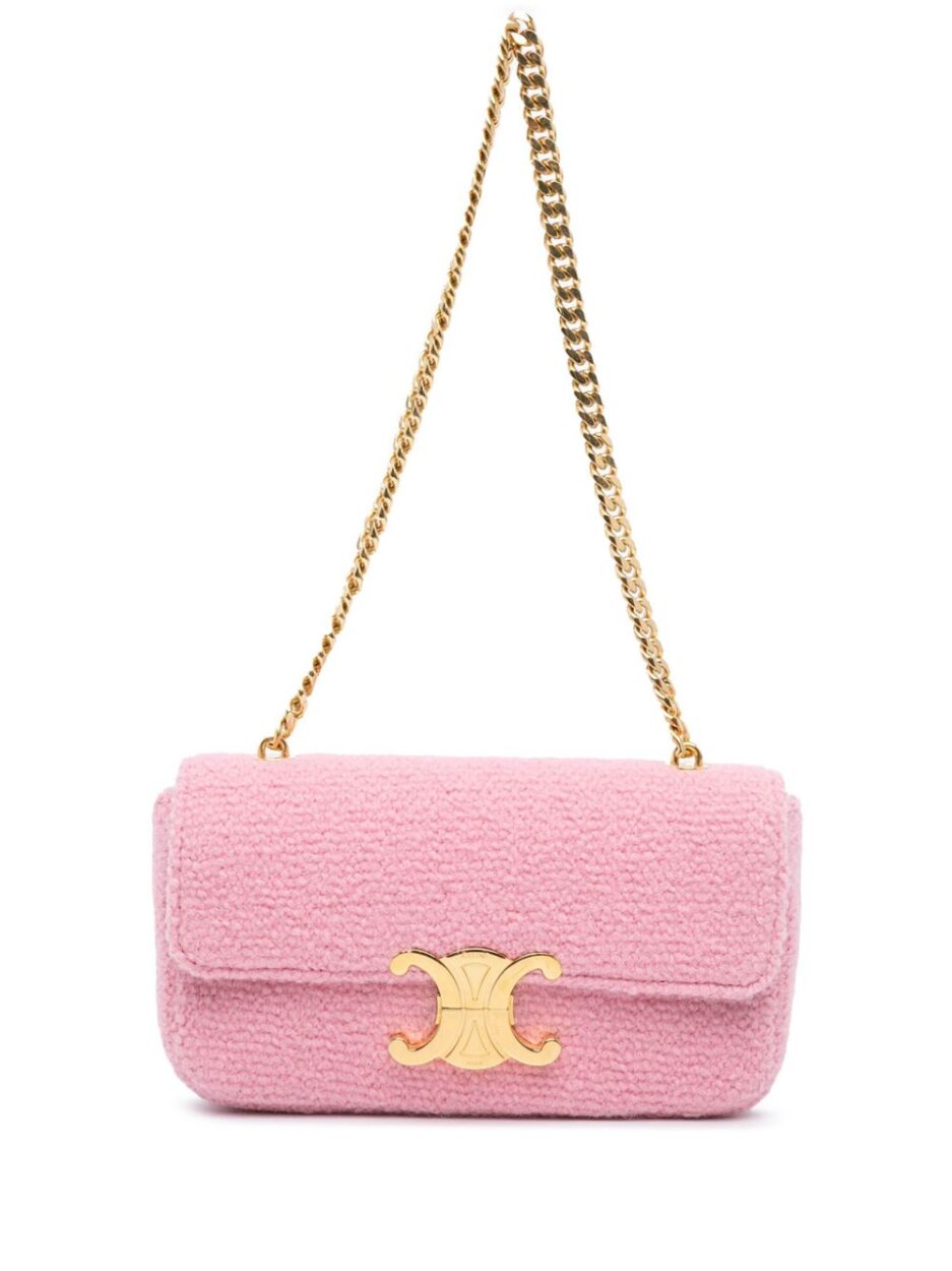 Celine Pink Bouclé Triomphe Shoulder Bag with Gold Chain